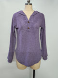 Ribbed Hooded Henley Long Sleeve Top - Purple