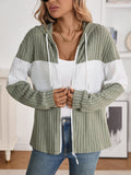 Ribbed Color Block Zip-Up Hooded Cardigan - Green
