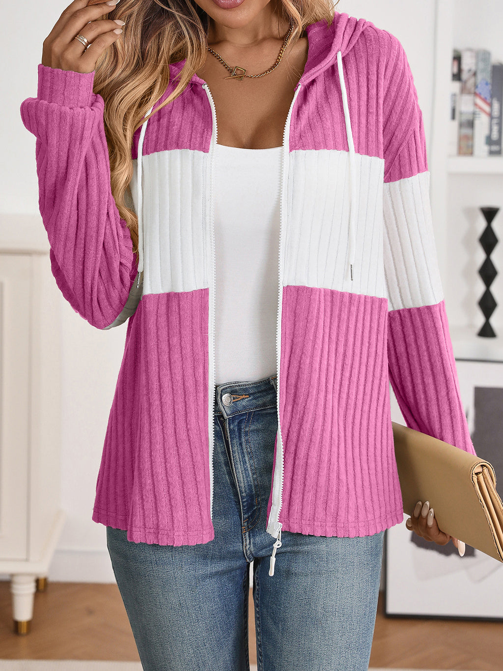 Ribbed Color Block Zip-Up Hooded Cardigan - Rosered