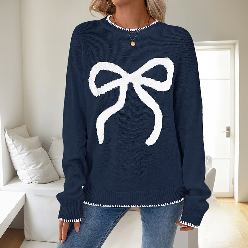 Fuzzy Bow Crew Neck Knit Sweater - Navy