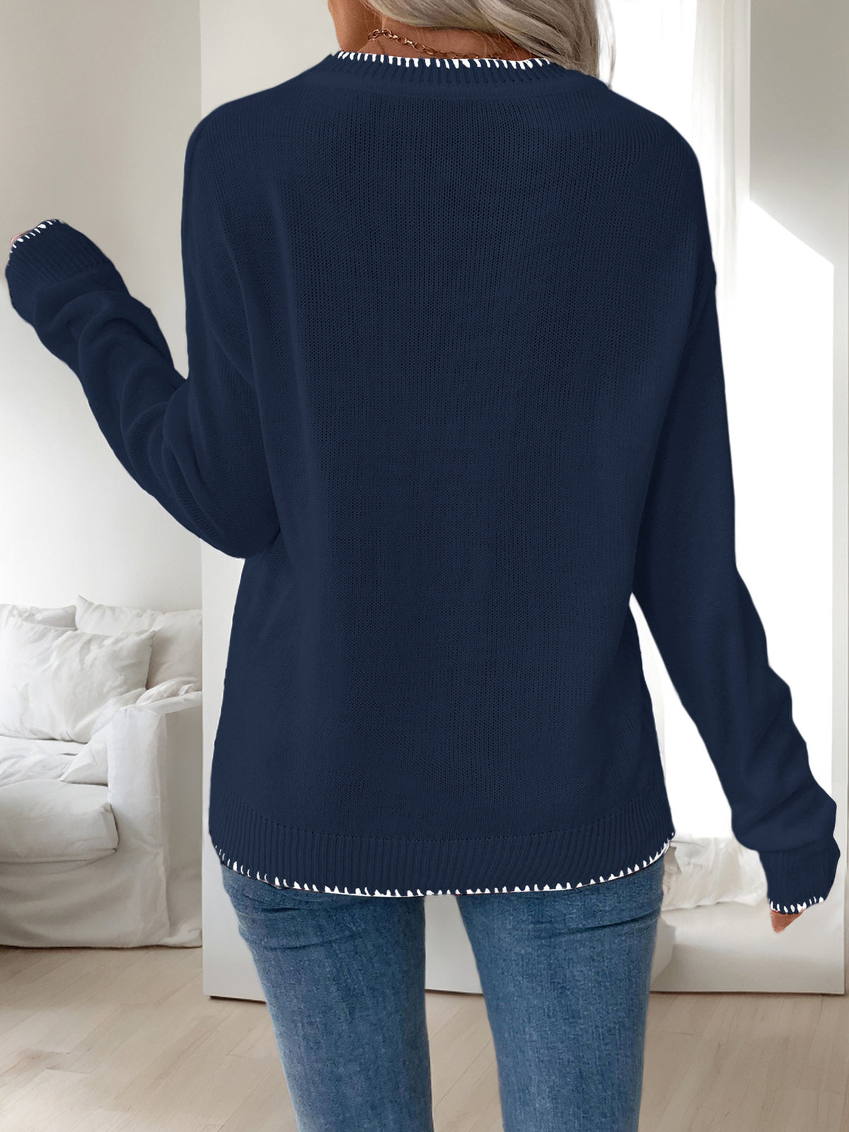 Fuzzy Bow Crew Neck Knit Sweater - Navy - 1