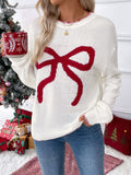 Fuzzy Bow Crew Neck Knit Sweater - OffWhite