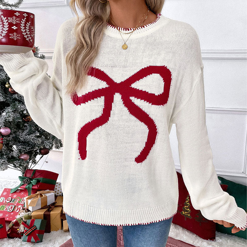 Fuzzy Bow Crew Neck Knit Sweater - OffWhite - 1