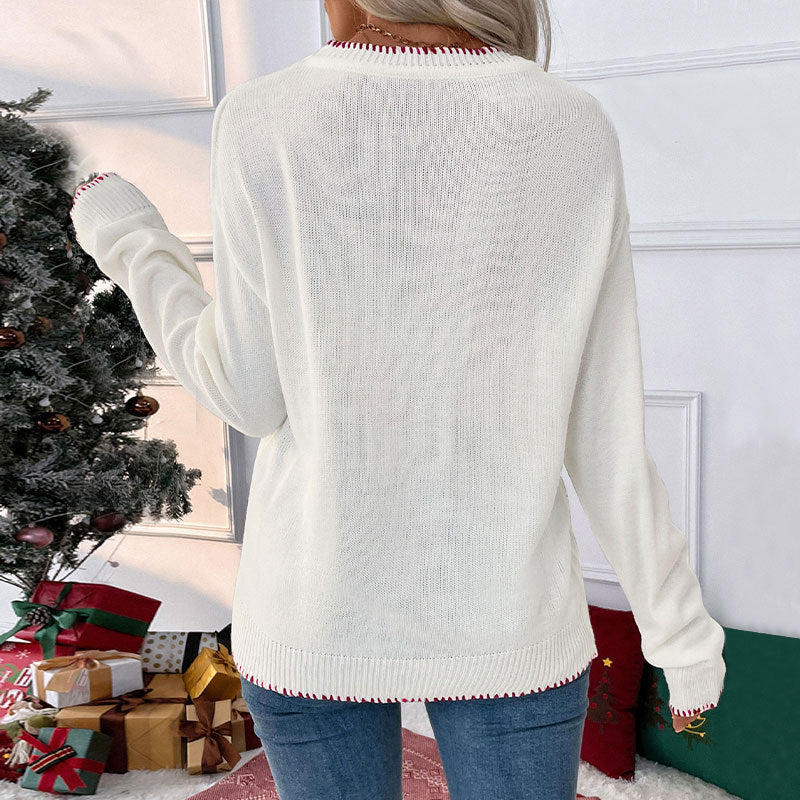 Fuzzy Bow Crew Neck Knit Sweater - OffWhite - 2