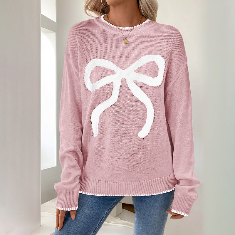Fuzzy Bow Crew Neck Knit Sweater - Pink
