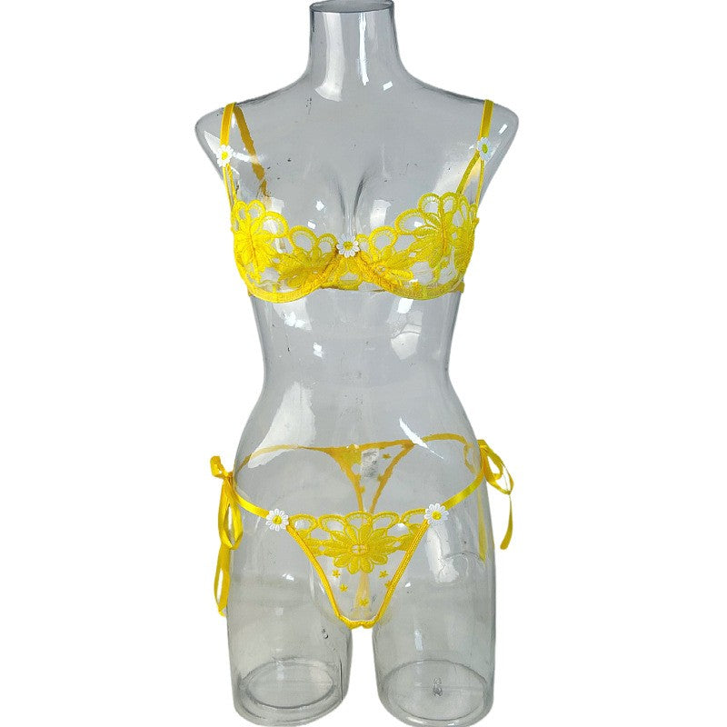 Embroidered Mesh Underwire Bra And Tie Side Thong Set