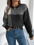 Patchwork Check Round Neck Lantern Sleeve Sweater - Black
