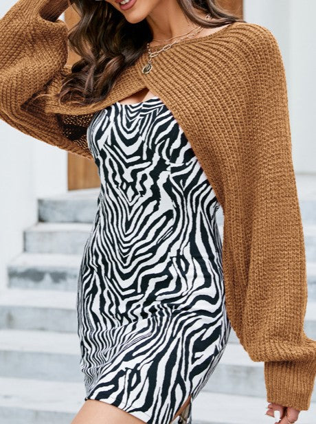 Cropped Knit Shrug Beach Cover Up - Brown - 1