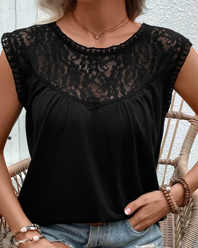 Lace Yoke Cap Sleeve Top - Black - 1