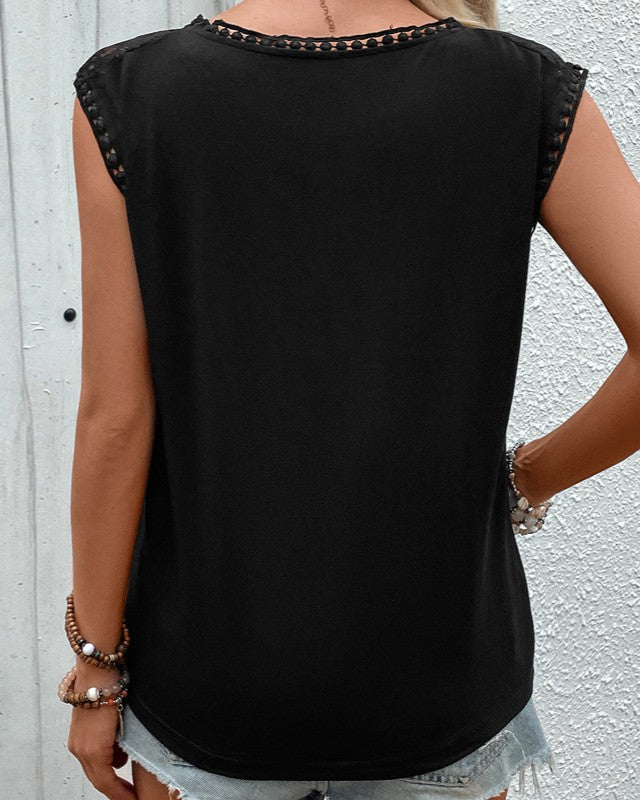 Lace Yoke Cap Sleeve Top - Black - 3
