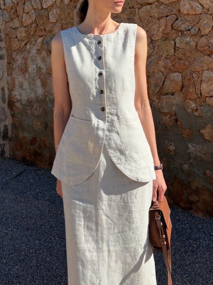 Linen Blend Button Vest Pencil Skirt Set - Offwhite - 11