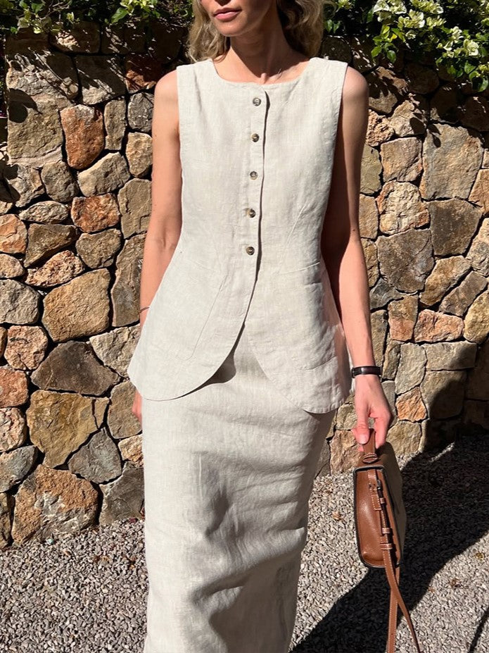 Linen Blend Button Vest Pencil Skirt Set - Offwhite - 12