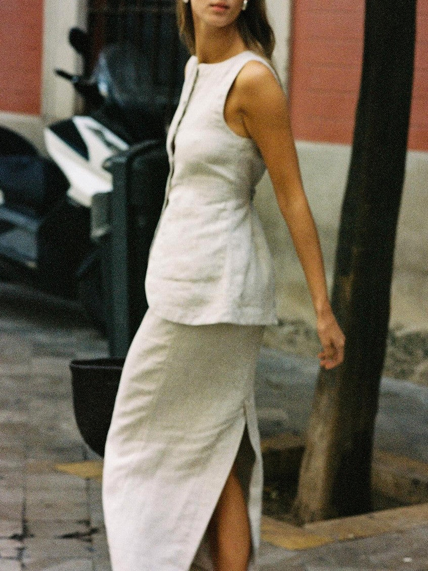 Linen Blend Button Vest Pencil Skirt Set - Offwhite - 14