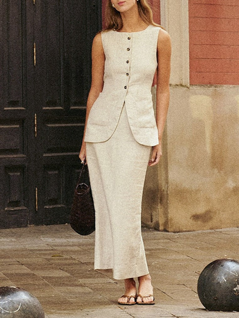 Linen Blend Button Vest Pencil Skirt Set - Offwhite - 15