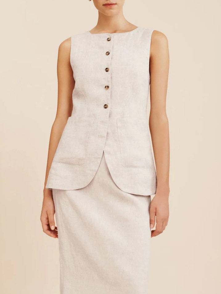 Linen Blend Button Vest Pencil Skirt Set - Offwhite - 19