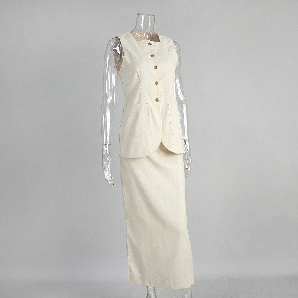 Linen Blend Button Vest Pencil Skirt Set - Offwhite - 2