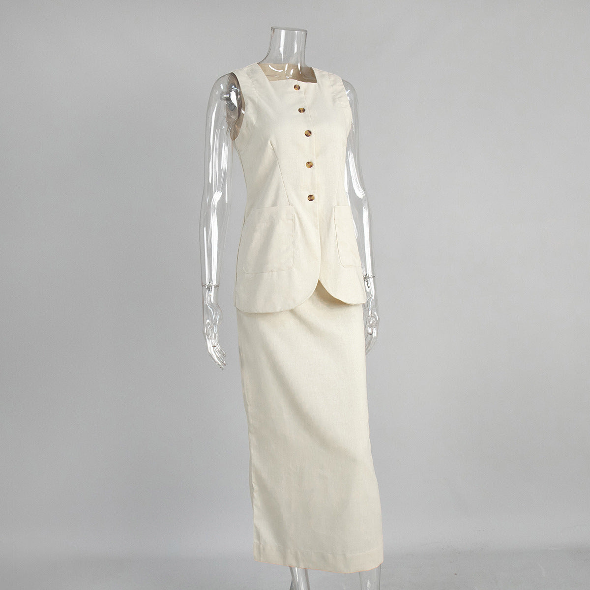Linen Blend Button Vest Pencil Skirt Set - Offwhite - 2