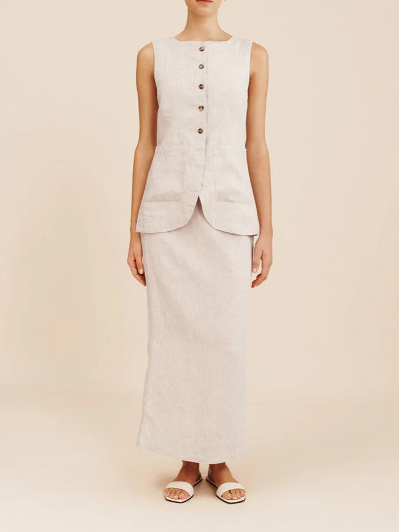 Linen Blend Button Vest Pencil Skirt Set - Offwhite - 20