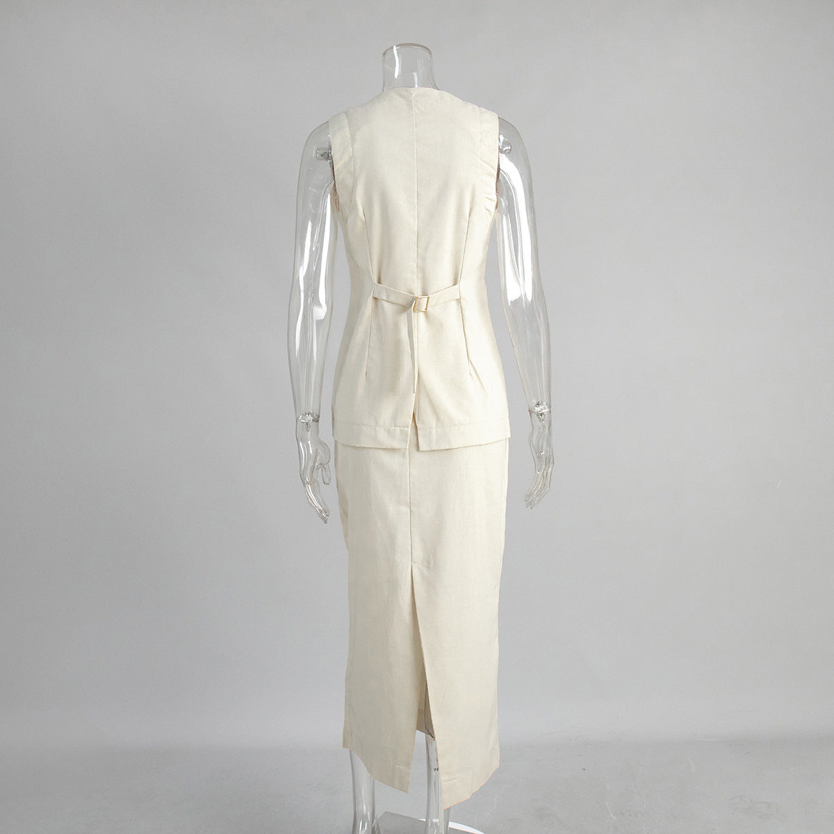 Linen Blend Button Vest Pencil Skirt Set - Offwhite - 3