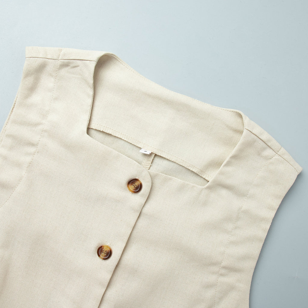 Linen Blend Button Vest Pencil Skirt Set - Offwhite - 5