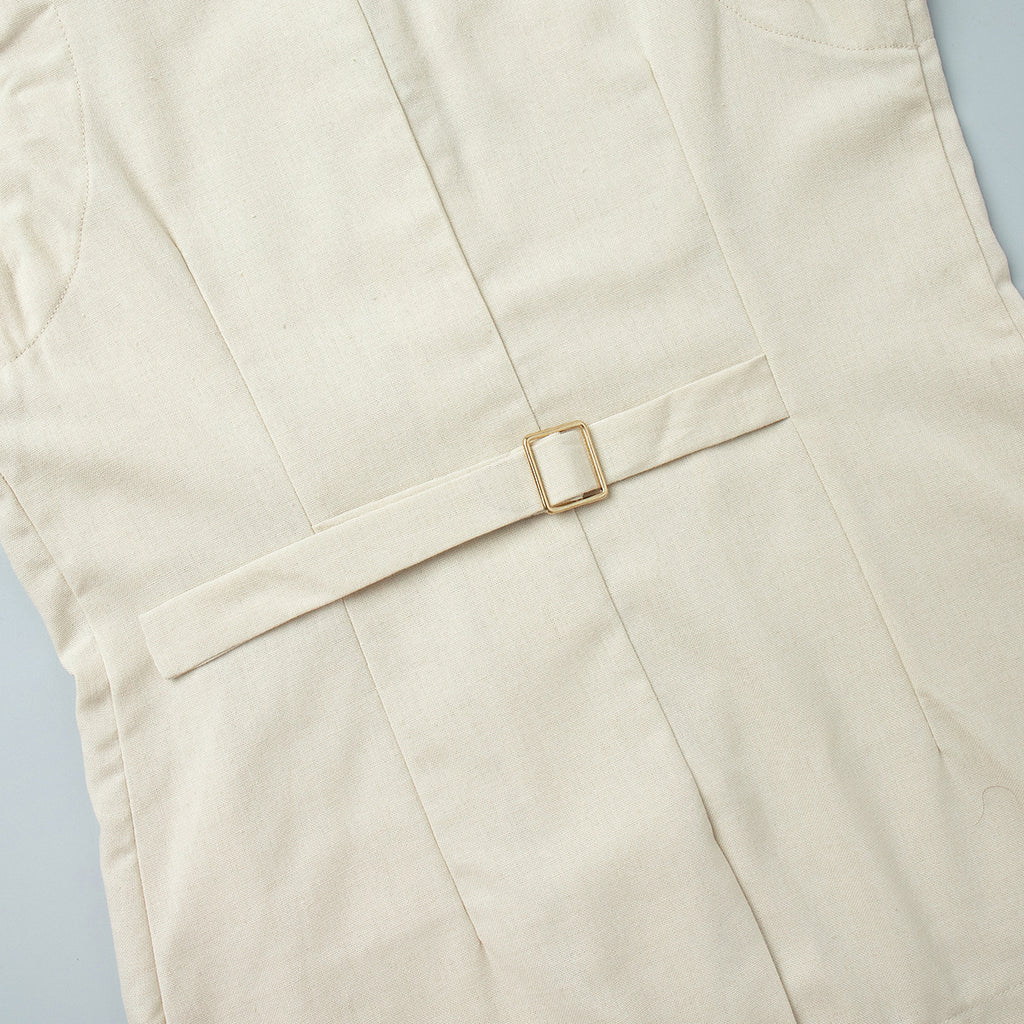 Linen Blend Button Vest Pencil Skirt Set - Offwhite - 7
