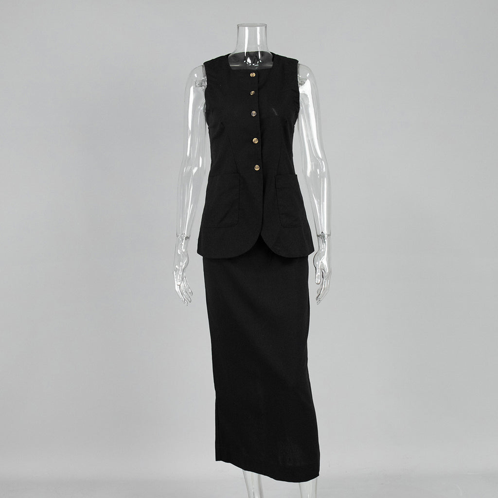Linen Blend Button Vest Pencil Skirt Set - black