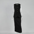 Linen Blend Button Vest Pencil Skirt Set - black