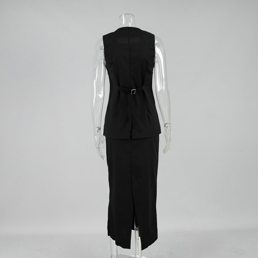 Linen Blend Button Vest Pencil Skirt Set - black - 1