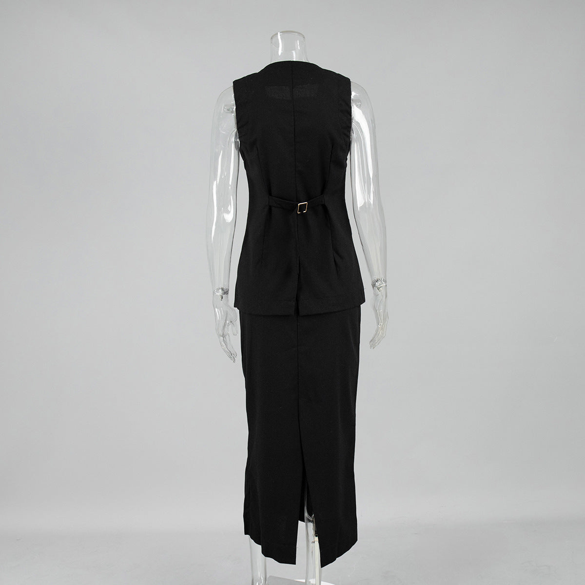 Linen Blend Button Vest Pencil Skirt Set - black - 1