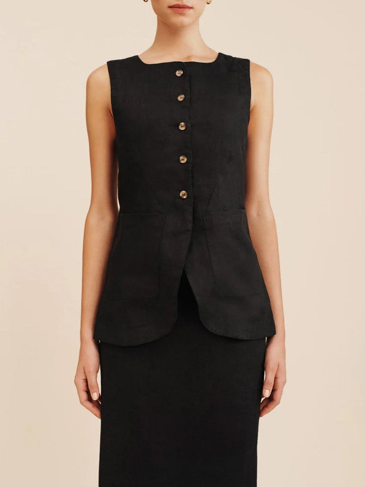 Linen Blend Button Vest Pencil Skirt Set - black - 10