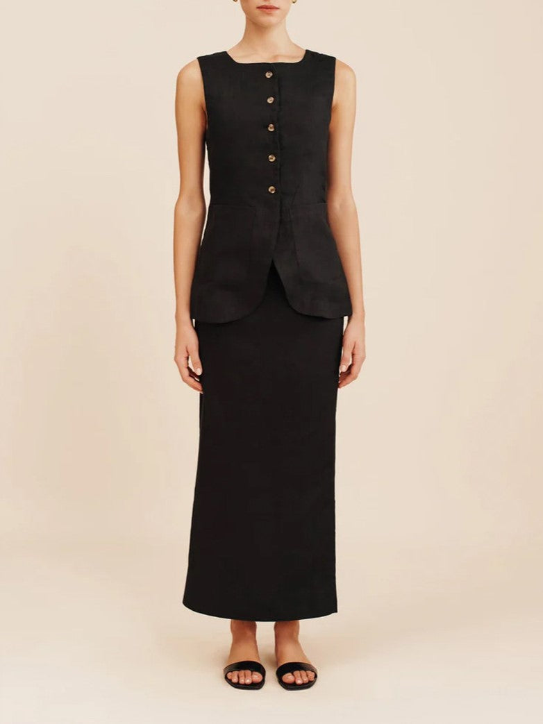Linen Blend Button Vest Pencil Skirt Set - black - 11