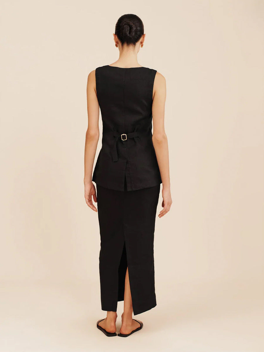 Linen Blend Button Vest Pencil Skirt Set - black - 12