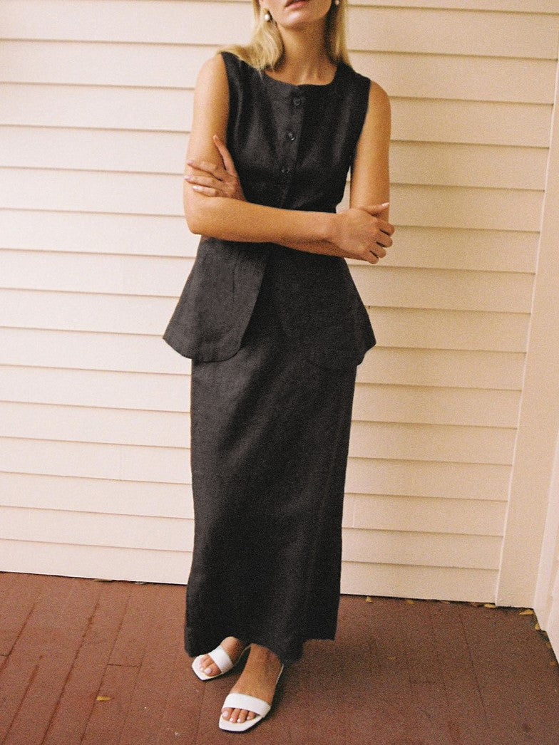 Linen Blend Button Vest Pencil Skirt Set - black - 2