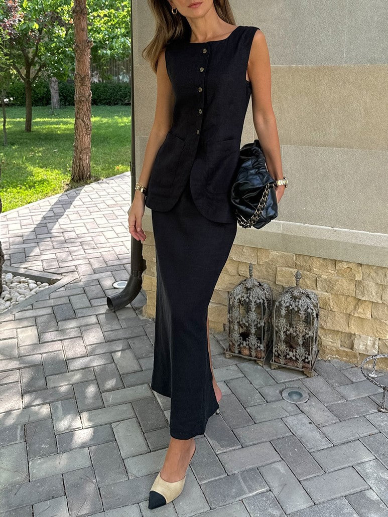 Linen Blend Button Vest Pencil Skirt Set - black - 5