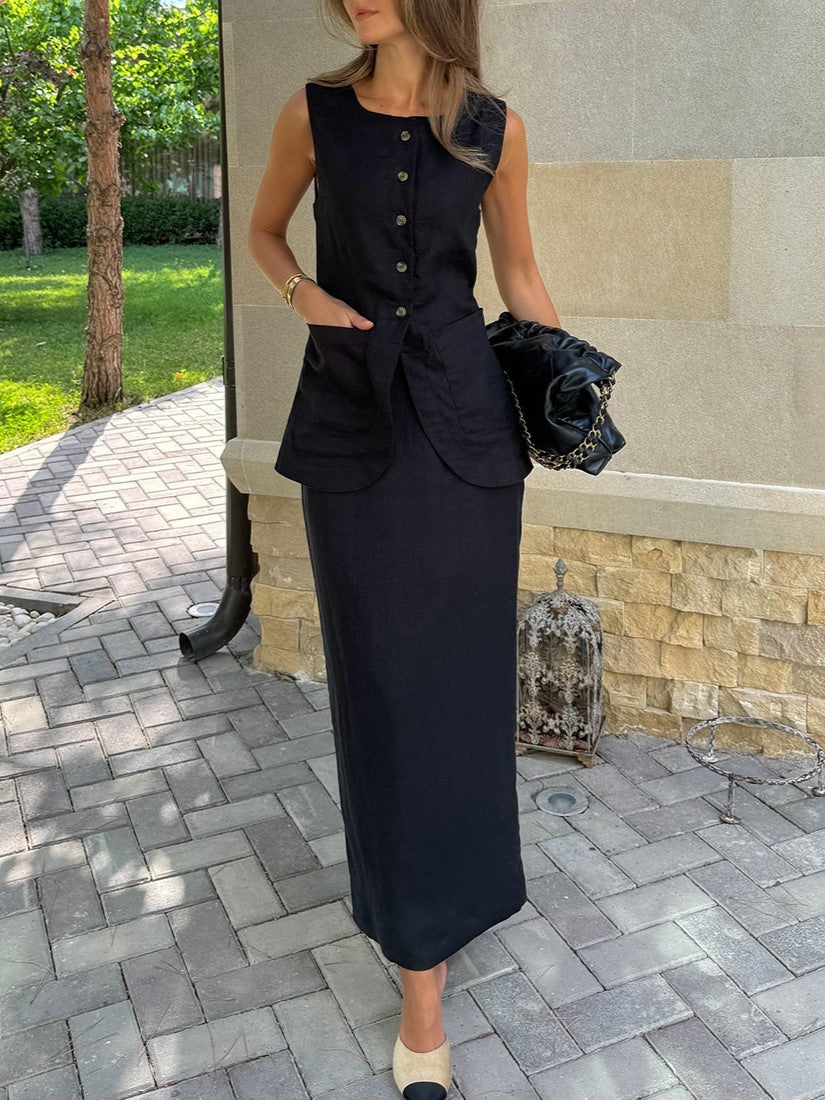 Linen Blend Button Vest Pencil Skirt Set - black - 6