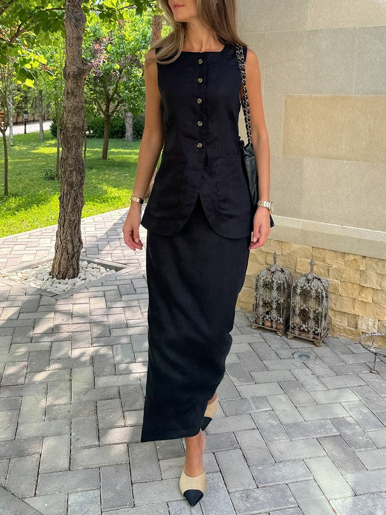 Linen Blend Button Vest Pencil Skirt Set - black - 7