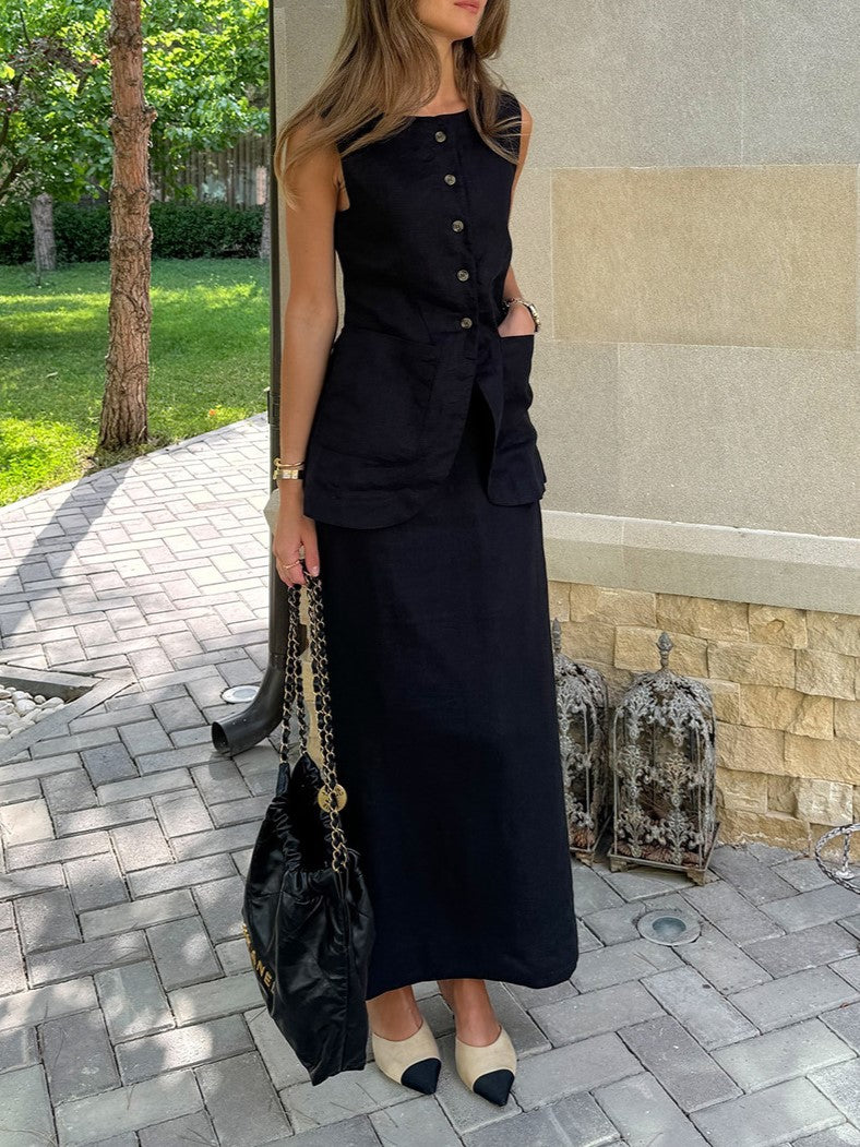 Linen Blend Button Vest Pencil Skirt Set - black - 8