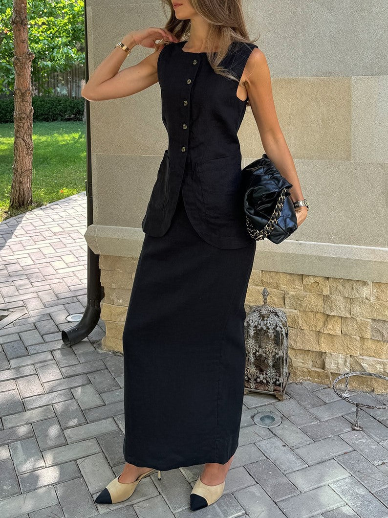 Linen Blend Button Vest Pencil Skirt Set - black - 9