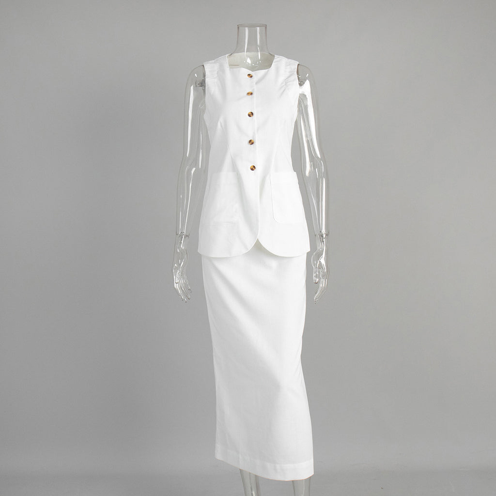 Linen Blend Button Vest Pencil Skirt Set - white