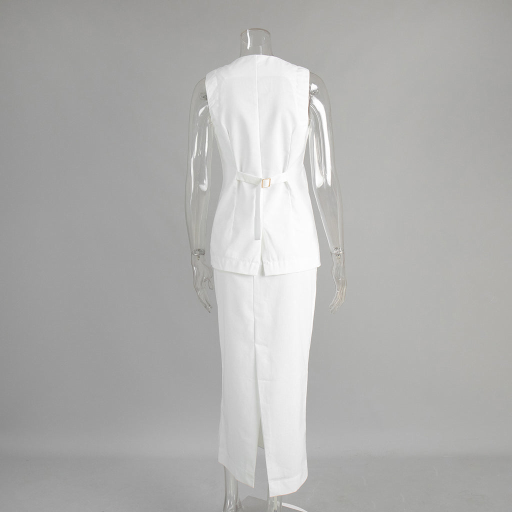 Linen Blend Button Vest Pencil Skirt Set - white - 1