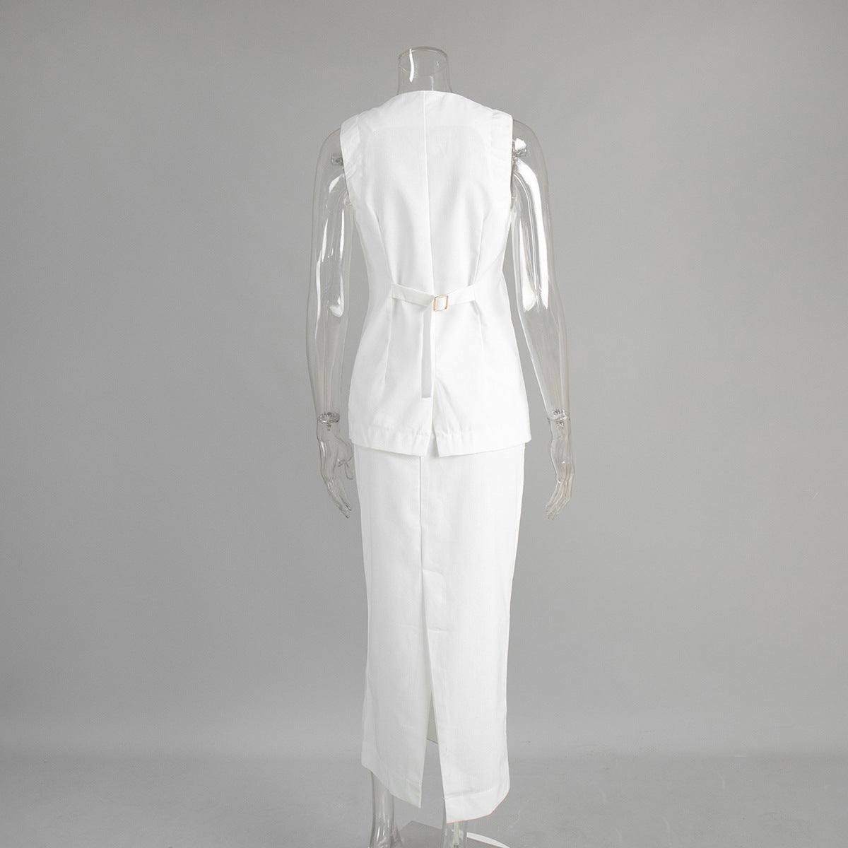 Linen Blend Button Vest Pencil Skirt Set - white - 1