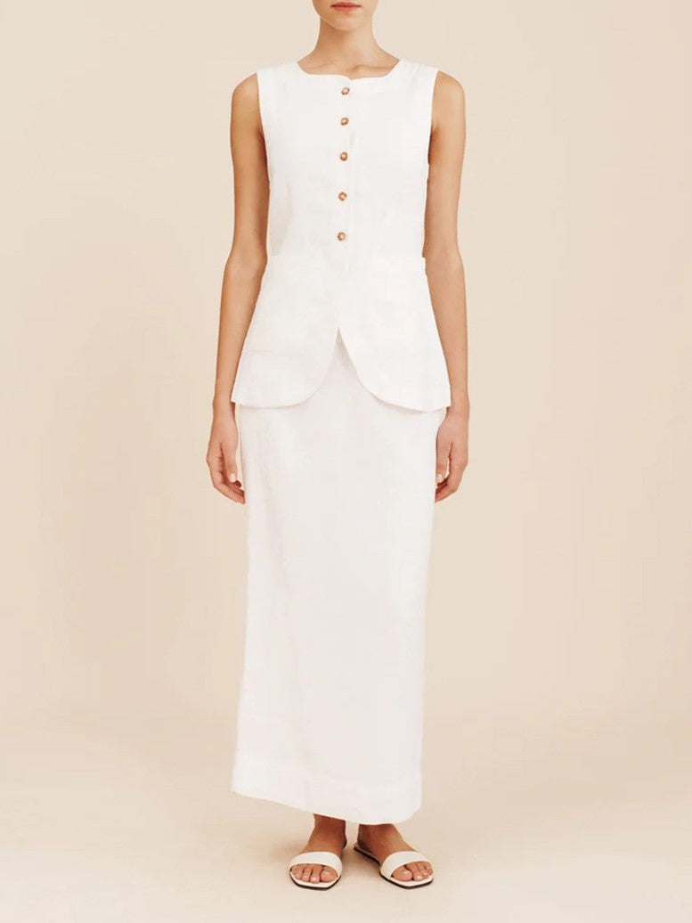 Linen Blend Button Vest Pencil Skirt Set - white - 10