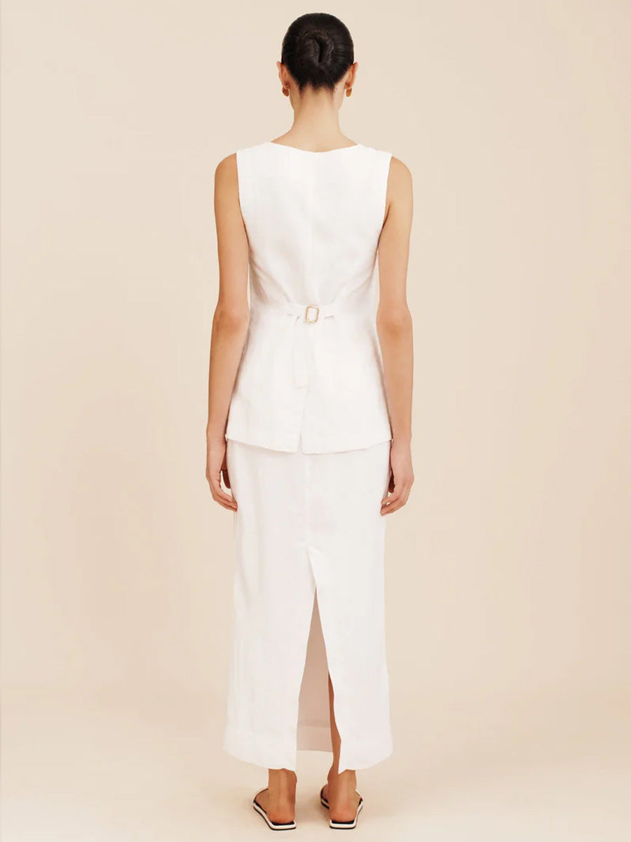 Linen Blend Button Vest Pencil Skirt Set - white - 11