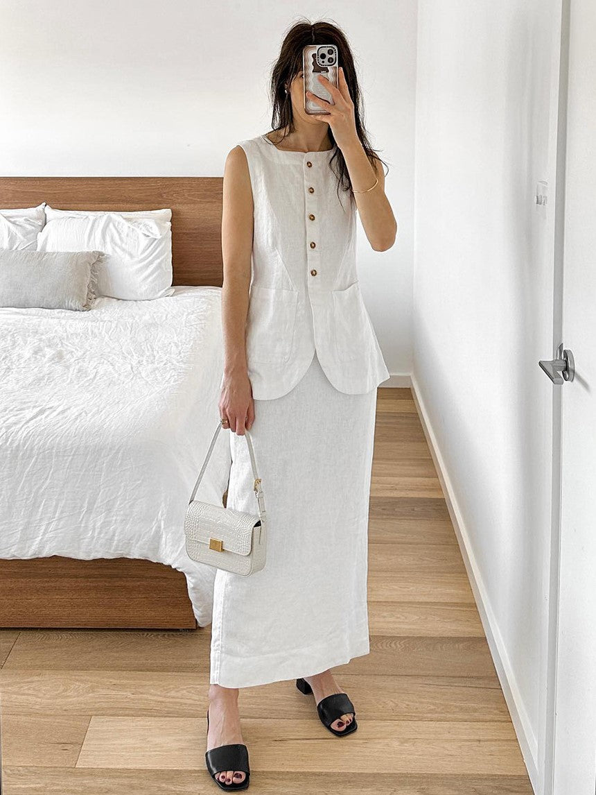Linen Blend Button Vest Pencil Skirt Set - white - 2