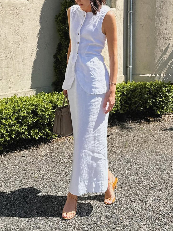 Linen Blend Button Vest Pencil Skirt Set - white - 4