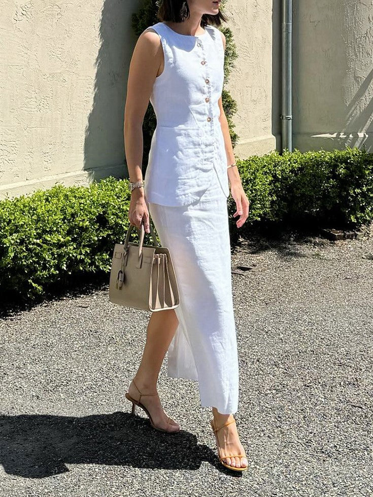 Linen Blend Button Vest Pencil Skirt Set - white - 5