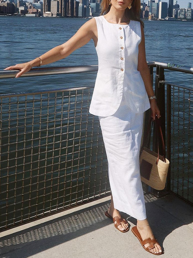 Linen Blend Button Vest Pencil Skirt Set - white - 6