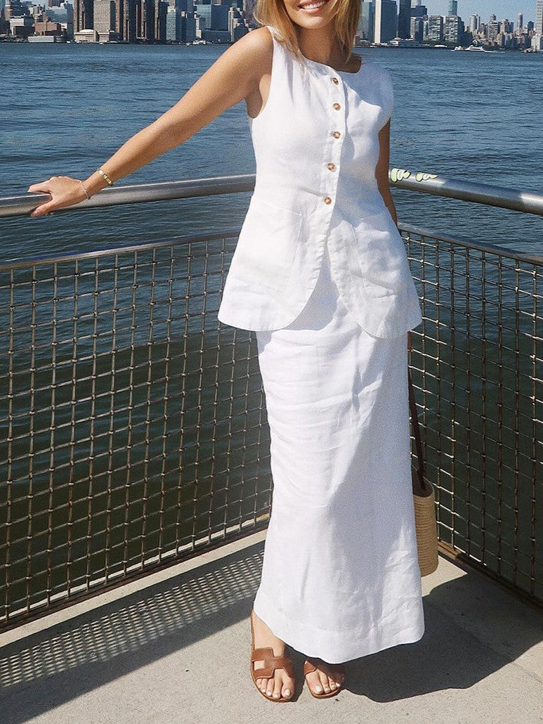 Linen Blend Button Vest Pencil Skirt Set - white - 7