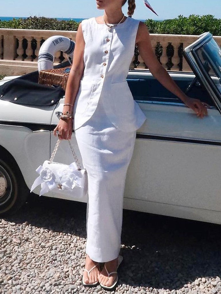 Linen Blend Button Vest Pencil Skirt Set - white - 8