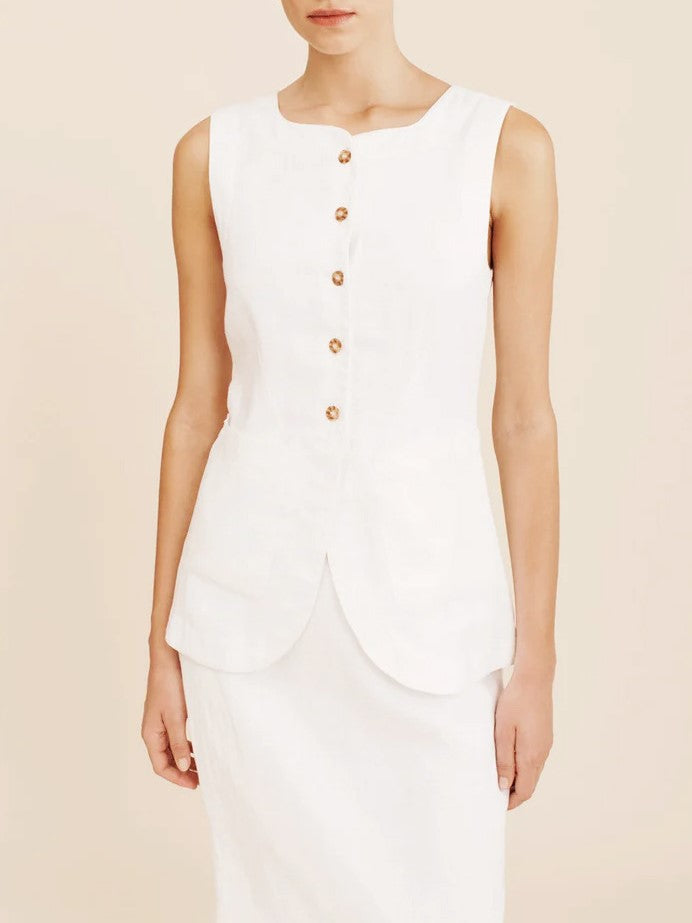 Linen Blend Button Vest Pencil Skirt Set - white - 9